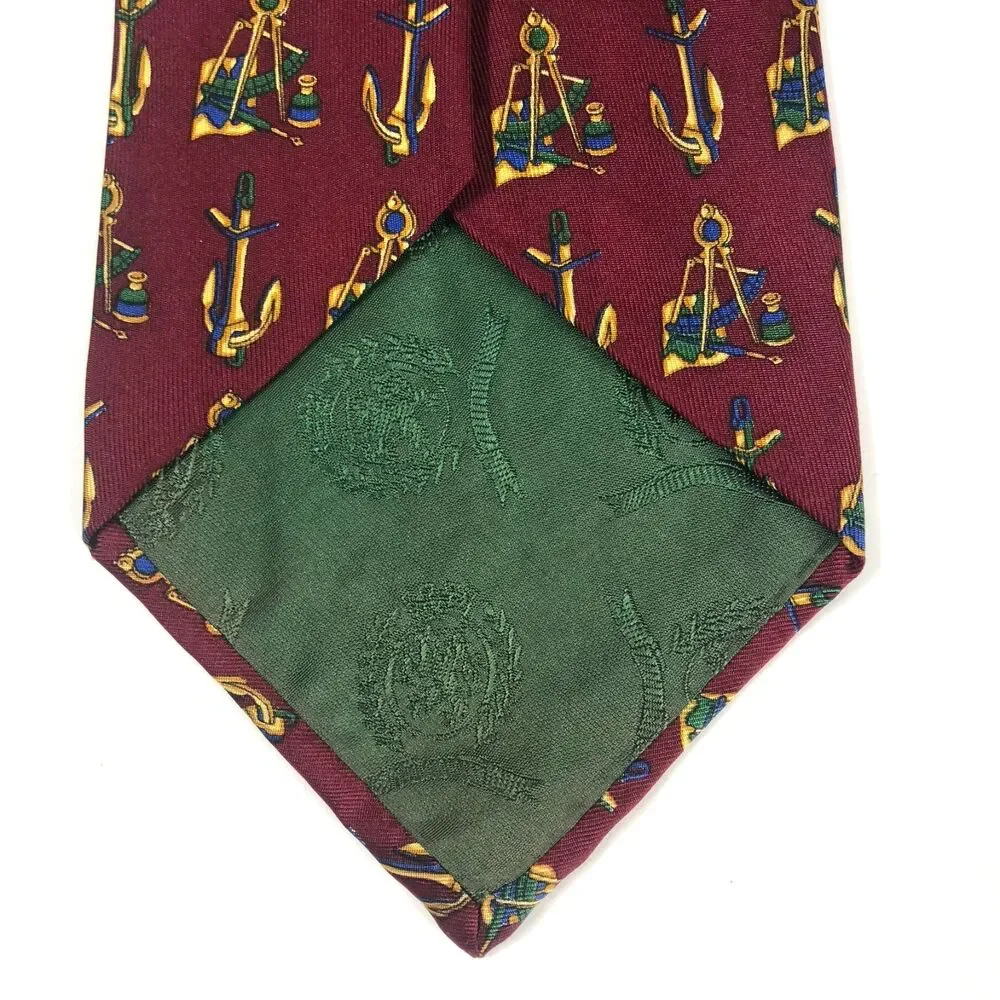 Tommy Hilfiger Silk Tie Maroon Nautical Crest Anchor Compass Print Made in USA
